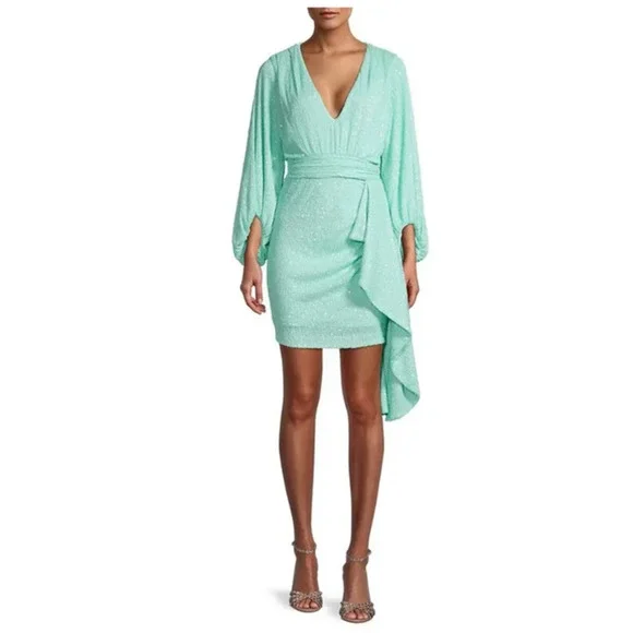 one33 social green dress One33 Social Twist Front Sequin Halter Gown In Green